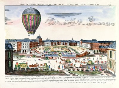 1784年6月23日、ベルサイユ宮殿を巡るフランソワピラトレドゥロジエ（1754-96）の気球航海 作： French School