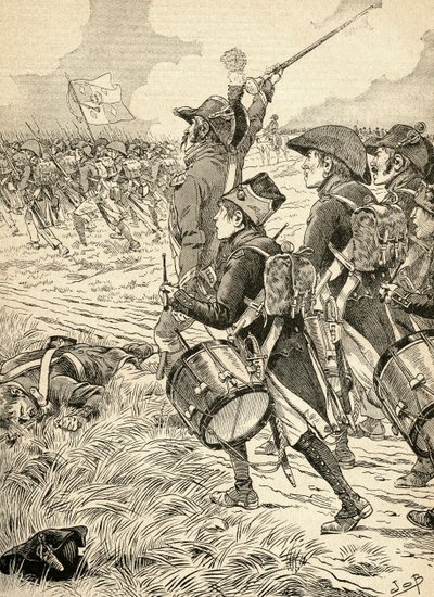 1800 年にイタリアのマレンゴの戦いは、ナポレオン ボナパルト率いるフランス軍とオーストリア軍の間で戦いました。 1917年に発行されたBuvard du Bon Marcheのアジェンダより。 作： French School