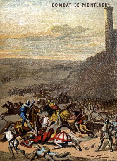 モンルヘリーの戦い（1227年）。王国と封建制-息子ルイ9世の摂政ブランシュ・ド・カスティーユが大封建制の反乱をマトメる。シリーズ「映像による愛国教育」のクロモリトグラフ。 作： French School