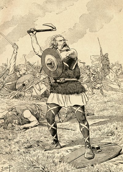 496 年のトルビアックの戦いは、フランク族とアレマンニ族の間で戦われました。 1917年に発行されたBuvard du Bon Marcheのアジェンダより。 作： French School