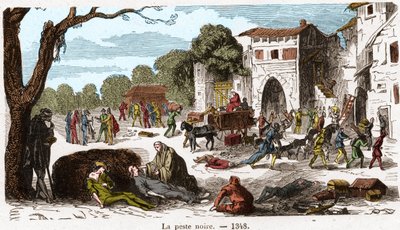 1348年の黒死病。ポール・ルージュール著『フランス百年史』（1891年）に掲載された版画。 作： French School