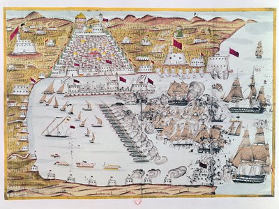 1816年8月27日にアングロオランダ艦隊によるアルジェの砲撃 作： French School