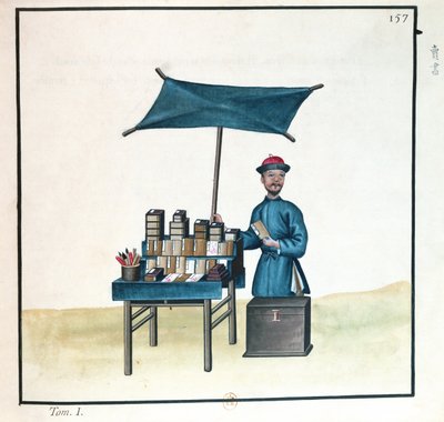 本の売り手、北京の路上通話に関する本、c.1785（紙とトイレとガッシュ） 作： French School
