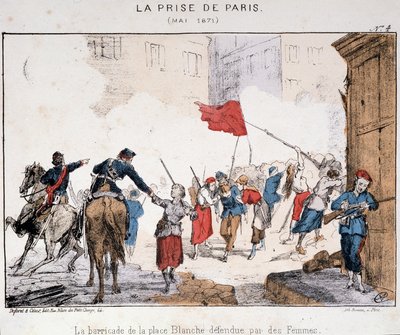 1871年5月のパリ占領：女性たちが守ったブランシュ広場のバリケード 作： French School