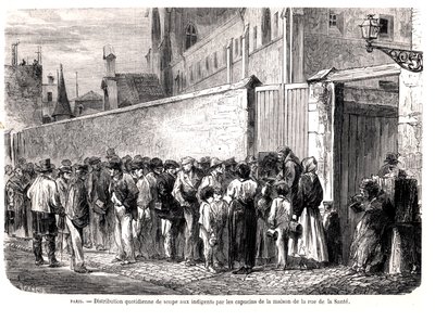 ルモンドイルストル作、1860年に貧しい人々に毎日のスープを配るサント通りのカプチーヌ 作： French School