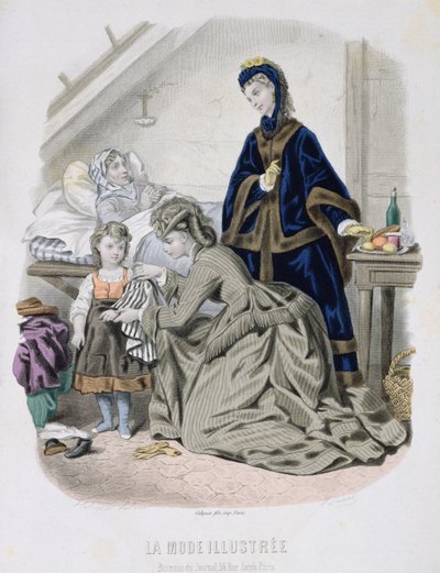 慈善訪問、La Mode Illustreeのイラスト、1870年頃（カラー彫刻） 作： French School