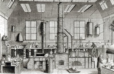 Almanach du Magasin Pittoresque、1870年からのパリの学校の化学実験室 作： French School