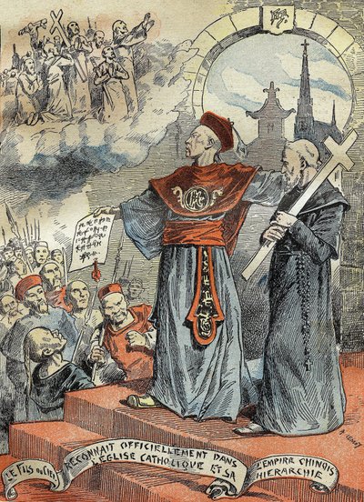 中国の光緒帝（コウオウ・シウまたはコウオウ・シウ）（1872-1908）は、カトリック教会とその階層を公式に認めました。1899年5月25日付「ル・ペレラン」誌に掲載された版画。 作： French School