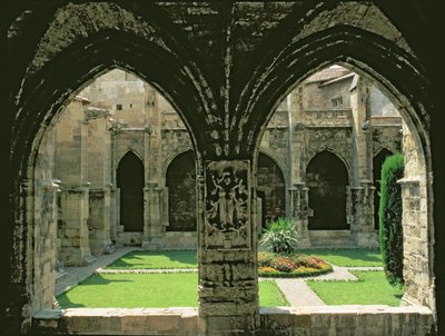 ギャラリーの1つ、1272-1340から見た回廊庭園 作： French School