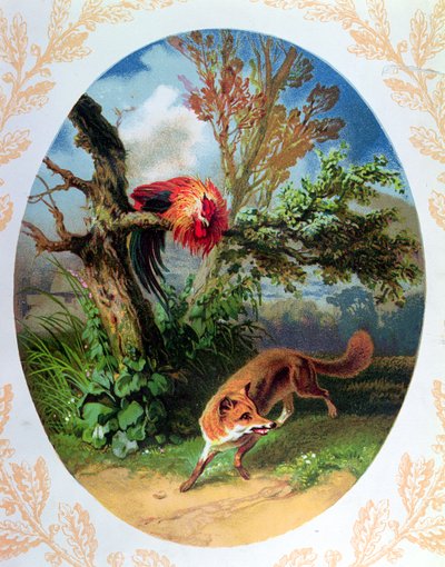 おんどりと狐、ジャンドゥラフォンテーヌ（1621-95）c.1860-80による寓話の後のイラスト 作： French School