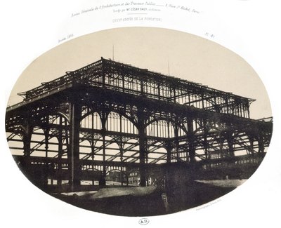 1856年のレヴュージェネラルデラルキテクチャーエデデトラヴァウの公衆によるハレス中央市場の建設（フォトリソ） 作： French School