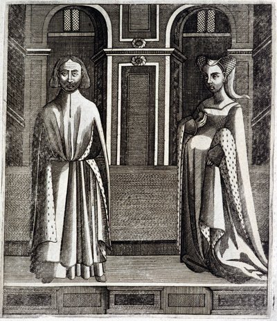 ポワチエとトゥールーズの伯爵アルフォンス（1220-1271年）とその妻ジャンヌ（レイモン7世の娘）（1220-1271年）-トゥールーズのギヨーム・ド・カテルの「Histoire des counts de Toulouse」による。 作： French School