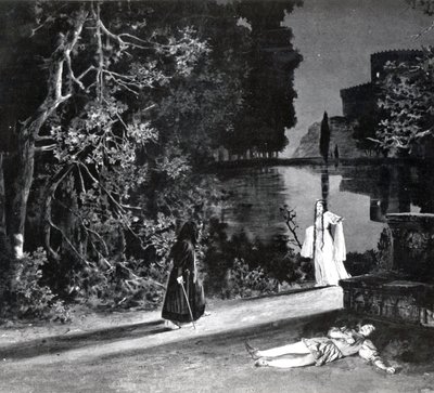 ペレスの死、第4幕、ドビュッシーによるペレアスとメリザンデのシーン4、1902年4月の最初の作品の写真、パリのオペラコミケでのオペラの写真、劇場mのイラスト 作： French School