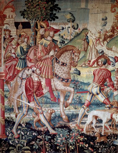 1520年頃にトゥルネーで製作されたウールとシルクのタペストリー「アンファン・プロディーグの出発」。パリ、国立中世美術館、テルム・ド・クリュニー 作： French School