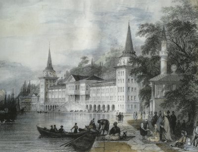 ボスポラス海峡のドルマバフチェ宮殿、1840年（カラー彫刻） 作： French School