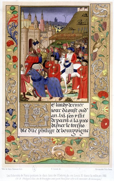 1461年、ルイ11世がパリに入ってきたとき、ひな壇を運ぶパリのエシュバン家の人々（注：ブルゴーニュ公フィリップ・ザ・グッドは、君主に会うためにパリを離れていた）。 作： French School