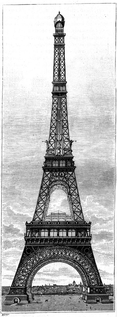 1889年にパリで開催された万国博覧会のために、技術者であり実業家でもあるギュスターヴ・エッフェル（1832-1923）が製作した高さ300メートルのエッフェル塔。ラ・ネイチャー」に掲載された版画。Revue des sciences et de ses applications aux arts et à l