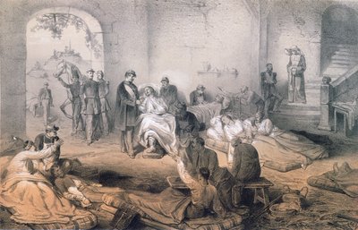 1859年6月24日のソルフェリーノの戦いの後、ナポレオン3世皇帝が負傷した兵士を訪問 作： French School
