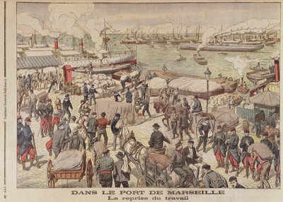 マルセイユでのストライキの終わり、1904年10月23日、ルプティジャーナルのイラスト 作： French School