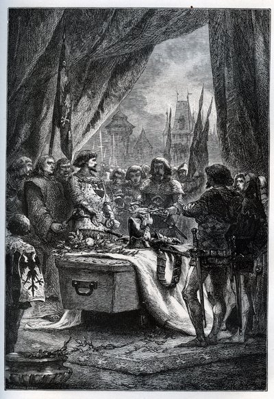 シャトーヌフ・ドゥ・ランドン（Chateauneuf-de-Randon, Auvergne）のイギリス人総督が降伏し、1380年7月13日、包囲されていたベルトラン・デュ・ゲスクラン（1320-1380）の棺に広場の鍵を置きに来たのです。ル・コネッタブル・ダイ 作： French School