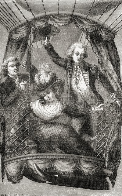 イングランドでの最初の気球上昇、1784年9月15日、Fulgence Marionによる「Wonderful Balloon Ascents or the Conquest of the Sky」から、1870年頃に発行（リソ） 作： French School