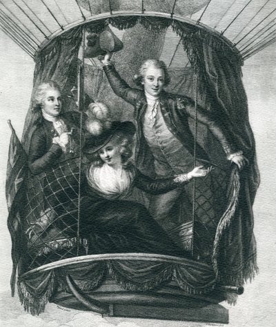 1784年に出版されたフルジェンスマリオンによるワンダフルバルーンアセントまたは空の征服による1784年9月15日のイングランドでの最初のバルーンアセント 作： French School
