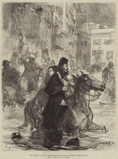 スペインの洪水、ムルシアの住人を救う（版画 作： French School