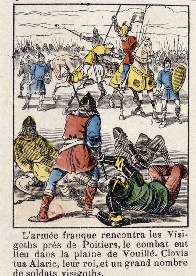 フランス軍はポワティエ近郊で西ゴートと遭遇し、戦いはヴイユの平野で行われた。507年、クロヴィスは西ゴート族の王アラリックと多数の西ゴート族の兵士を殺害した。 作： French School
