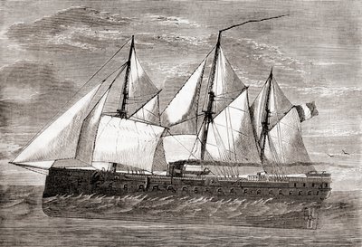 1859年に進水した初の外洋用鉄甲船、フランスの鉄甲船Gloire「Glory」（1870年頃に出版された「Les Merveilles de la Science」より）（エングレーヴィング 作： French School