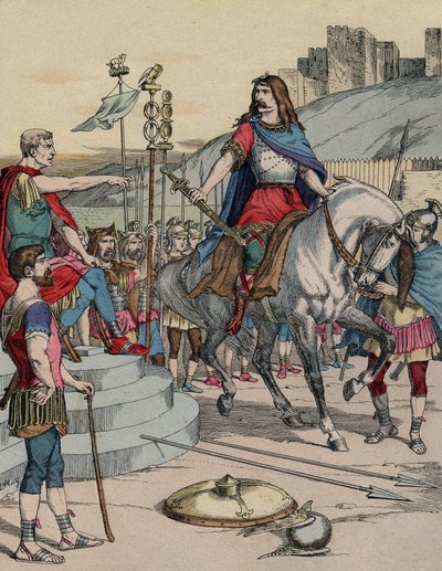紀元前52年のアレシアの戦いの後、ローマの長老ジュリアス・シーザー（紀元前100-44年）に降伏するガリアの長老ヴェルシェトリックス（紀元前72-46年）。- "The Gallic leader Vercingetorix (72-46 BC) surrender to the Roman chief Jules Cesar (100-44 BC) after the battl 作： French School