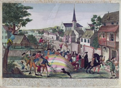 1783年8月27日、気球の降下によって引き起こされたゴネスの住民の一般的な警報 作： French School