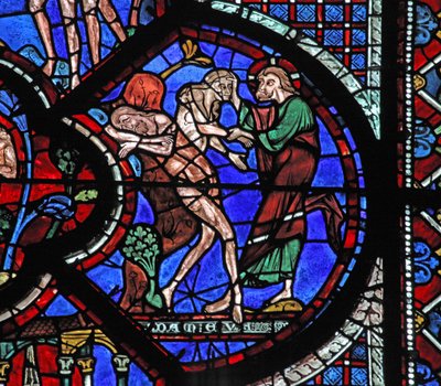 良いサマリア人の窓：神は眠っているアダムの肋骨から女性を創造します（w44） 作： French School