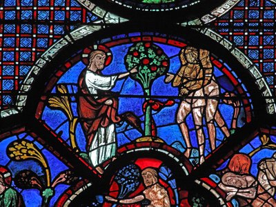 良いサマリア人の窓：神はアダムとイブが木の実を食べることを禁じています（w44） 作： French School