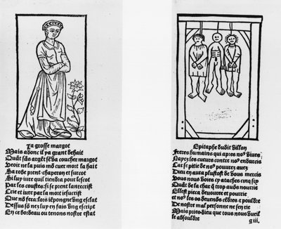 Grosse Margotと3人の絞首刑執行人、Francois Villon（1431-63）Pierre Levetの「Oeuvres」より1489年出版 作： French School
