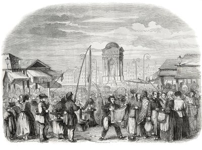 噴水のあるパリで行進するイノセントたち - Edmond Texier 1852年の「Tableau-de-Paris」に掲載された版画 作： French School
