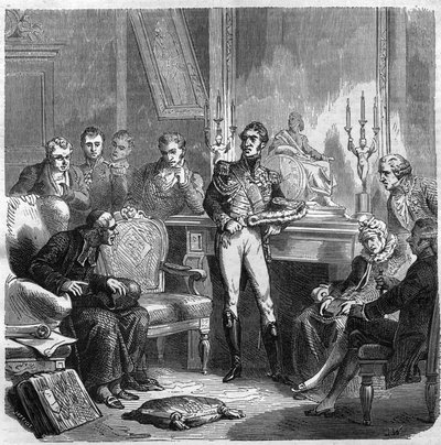 フランス王シャルル10世（1757-1836）の宮廷におけるイエズス会の人々。モーリス・ラシャトレ著『Histoire des Papes-Rois-Queen and Empereurs a travers les centuries』に掲載されている図版。 作： French School