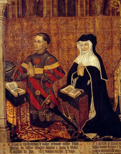 ウルサンのジュヴネル家 詳細 ジャン・ジュヴナル・デ・ウルサン（1360-1431）とその妻によるもの。フランス派の木版画。1443-1449.日 1,3×3,5 m パリ、国立中世美術館、テルム・ド・クリュニー 作： French School