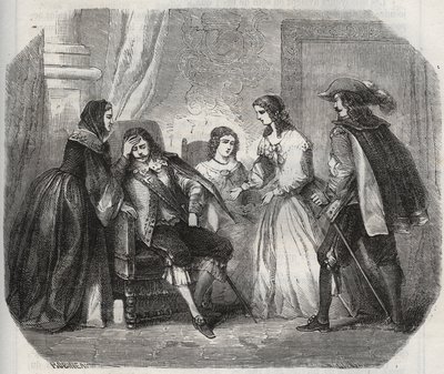 フランス王ルイ13世（1601-1643）は、オーストリア王妃アンヌ（1601-1666）と話しているときに偏頭痛に襲われる。Henry de Kock (1819-1892)の "Histoire Des Cocus Celebres "に掲載されている1871年の版画。 作： French School