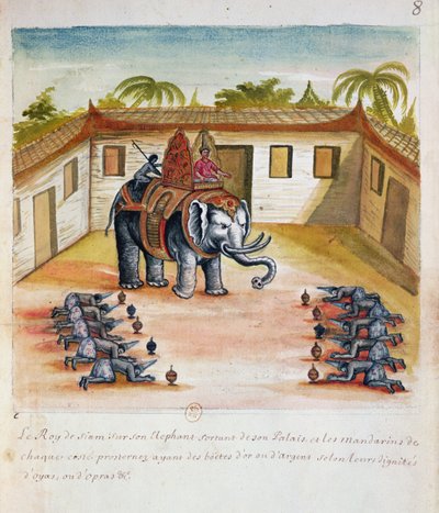 サイアムのイエズス会の記述からの彼の象のサイアムの王、1688（紙のトイレ） 作： French School