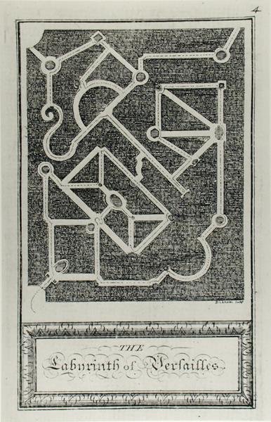 ダニエル・ベラミー著、ジョージ・ビッカム（1684-1769）彫刻、1770年発行の「Ethic Amusements」より「ヴェルサイユの迷宮」（彫刻）（モノクロ写真） 作： French School