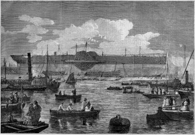 1857年に進水を試みた初の巨大客船「リヴァイアサン」（グレート・イースタン号）。1857年11月14日付「Le Monde Illustré」31号に掲載された図版。 作： French School