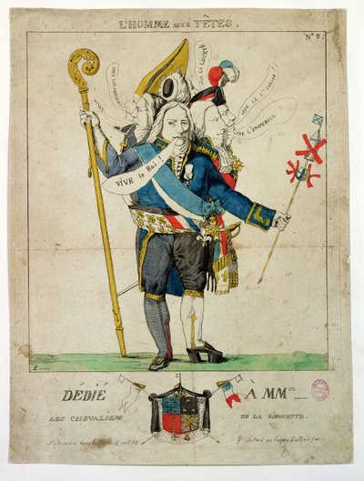 「六つの頭を持つ男」、チャールズ・モーリス・ド・タリーラン・ペリゴール（1754-1838）の風刺画、1815年（手描きの彫刻） 作： French School