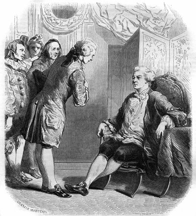 フィリップ・ネリコー・デストゥーシュ（1680-1754）と彼の旅芸人一座を迎えるピュイジユルクス侯爵。1858-1859年の版画。 作： French School