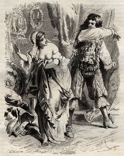 モンテスパン侯爵であるルイ・アンリ（Louis-Henri）・ド・パルダイアン・ド・ゴンドラン（1640-1691）は、妻であるモンテスパン侯爵夫人（フランソワーズ・アテネ）・バイ・ロシュシュアルト・モルテマート（またはモンテスパン夫人）（1640-1707）が、キの命令によって彼を拒否したため、平手打ちをした。 作： French School