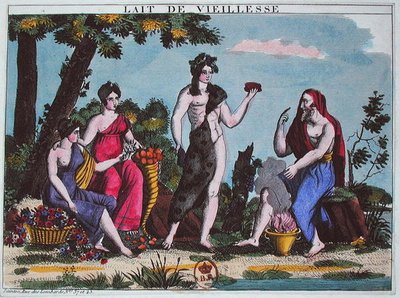 老いのミルク」1830年頃（カラーエングレーヴィング） 作： French School