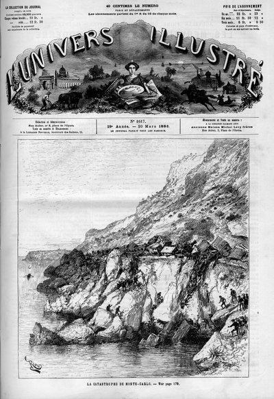 モンテカルロ（Monte-Carlo）の惨事：海岸沿いの鉄道路線での列車事故。ある新聞。"Le Monde Illustré "のエングレービング 作： French School