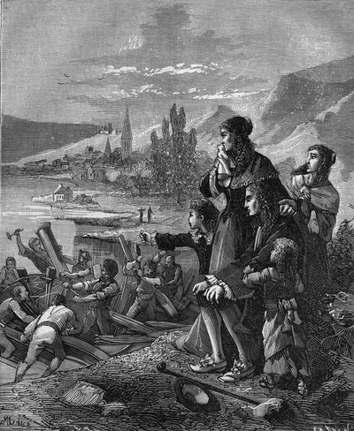 フランスの物理学者・発明家であるドニ・パパン（1647-1712）の「蒸気船」をムンデンの海兵隊が破壊した。 作： French School