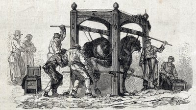 アルフォートの国立獣医学校 - Les grandes écoles de france - école veterinaire de maison alfort en 1866 - le ferrage des chevaux retifs - 1866年の「Le monde illustrious」誌のエングレーヴィング。 作： French School