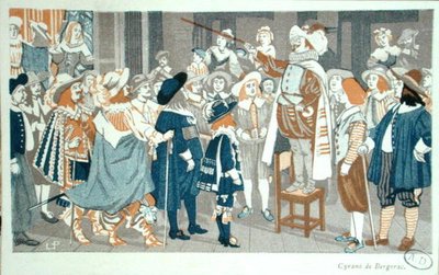 エドモンド・ロスタン（1868-1918）作「シラノ・ド・ベルジュラック」の挿絵「ブルゴーニュホテルでの鼻のスピーチ」1905年頃（カラーリトグラフ版） 作： French School