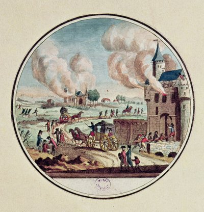 1789年7月のシャトーの略奪と破壊、および王子と廷臣の移住（カラー彫刻） 作： French School